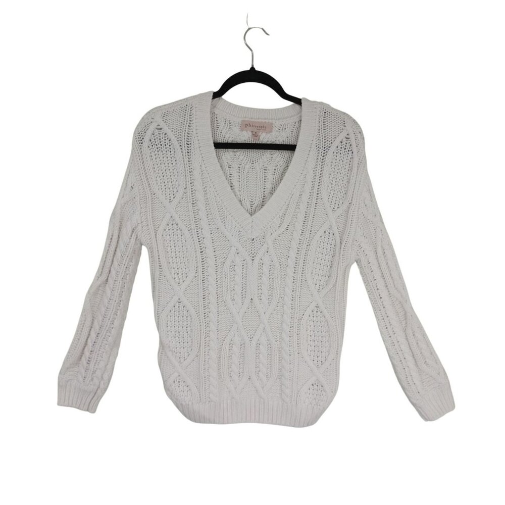 Philosophy Sweater Size S White Cable Knit V-Neck 61% Cotton Blend Womens